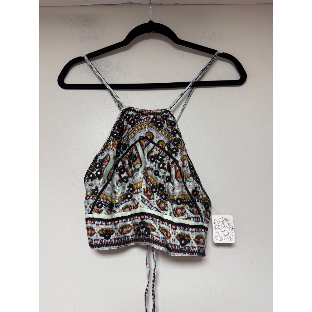 Free People Halter Crop Top Women Size 2 Blue Multi New Boho Tassel Sequin‎ Tie